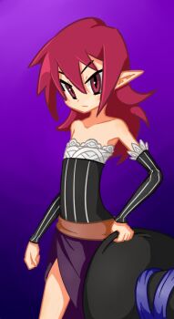 Rule 34 | 1girl, cosplay, disgaea, dragon's crown, etna (disgaea), female focus, flat chest, gradient background, hat, looking at viewer, nyanlathotep, pointy ears, red eyes, red hair, skirt, solo, witch hat