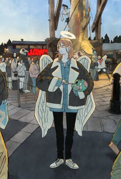 Rule 34 | 3girls, 5boys, angel devil (chainsaw man), angel wings, arm up, beam (chainsaw man), black hair, black pants, black thighhighs, blonde hair, blue scarf, brown hair, chainsaw man, climbing, closed eyes, dangling eye, denji (chainsaw man), fur-trimmed jacket, fur trim, halo, hayakawa aki, height difference, higashiyama kobeni, highres, holding detached head, jacket, jaws (movie), long hair, looking to the side, medium hair, multiple boys, multiple girls, open mouth, outdoors, pants, plague doctor mask, power (chainsaw man), princi (chainsaw man), scarf, severed head, shark, short hair, shorts, single sidelock, smile, takeuchi ryousuke, thighhighs, topknot, topless female, topless male, traditional halo, violence fiend (chainsaw man), white footwear, white wings, wings