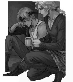 Rule 34 | 2boys, boots, border, closed eyes, coffee mug, collarbone, comforting, commentary request, crying, cup, earrings, edgar roni figaro, final fantasy, final fantasy vi, furrowed brow, greyscale, headband, highres, holding, holding cup, jacket, jacket partially removed, jewelry, locke cole, locke otaku, long hair, looking at another, low ponytail, male focus, monochrome, mug, multiple boys, on one knee, pants, parted bangs, parted lips, pectorals, ponytail, sash, short hair, single bare shoulder, sitting, tank top, tears, v-neck, waist sash, wavy hair, white border, white tank top, wiping tears