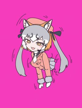 1girl animal_ears aramaru brown_eyes brown_hair crack cracked_wall extra_ears fox_ears fox_girl gloves grey_hair hat island_fox_(kemono_friends) jacket kemono_friends kemono_friends_v_project looking_at_viewer microphone necktie pink_background rabbit_hole_(vocaloid) ribbon shirt simple_background skirt solo twintails virtual_youtuber