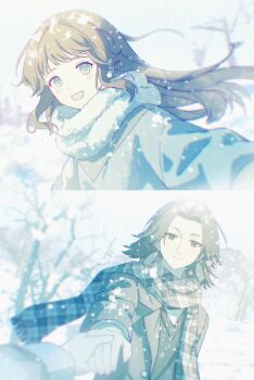 1boy 1girl aqua_eyes awsj7858 black_hair commentary_request earrings floating_hair highres holding_hands jewelry lanxi_zhen laojun_(the_legend_of_luo_xiaohei) li_qingning_(the_legend_of_luo_xiaohei) long_hair looking_at_viewer luo_xiaohei_zhanji plaid_clothes plaid_scarf scarf smile snow snowflakes upper_body winter winter_clothes