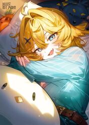 1girl ahoge animated aqua_shirt artist_name belt blonde_hair blue_eyes blush by_mirin crossed_bangs dog doki_amber_doge_(dokibird) dokibird dokibird_(bounty_hunter) dragoon_(dokibird) eyelashes fang green_eyes hair_between_eyes hair_intakes hair_ornament hairclip hairpin hugging_object indie_virtual_youtuber lineart long_sleeves looking_at_viewer lying making-of medium_hair monochrome on_side open_mouth pillow pillow_hug shirt short_hair simple_background sketch skin_fang smile solo upper_body video virtual_youtuber watermark white_background