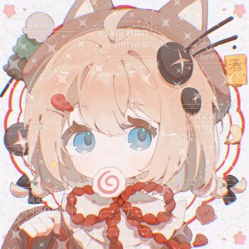 1girl animal_hat bai_xiong_nailaojuan blonde_hair blue_eyes blush brown_hat brown_shirt cat_hat child closed_mouth double-parted_bangs food food_in_mouth hair_between_eyes hand_up hat highres kamaboko long_sleeves looking_at_viewer narutomaki neck_ribbon original portrait red_ribbon ribbon shirt short_hair simple_background solo too_many_watermarks watermark white_background