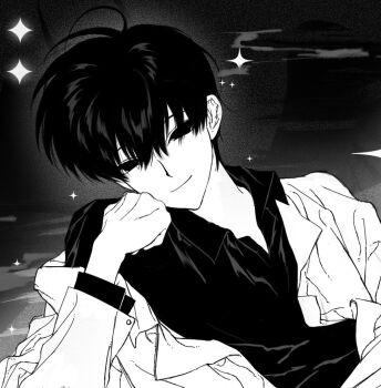 1boy artist_request black_eyes black_hair black_sclera black_shirt coat coat_partially_removed collared_shirt colored_sclera commission empty_eyes hand_on_own_chin head_rest kim_dokja looking_at_viewer male_focus omniscient_reader&#039;s_viewpoint open_clothes open_coat second-party_source shirt short_hair solo upper_body white_coat