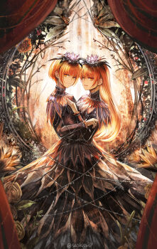 Rule 34 | 2girls, alraune, black dress, blonde hair, blunt bangs, closed mouth, commentary request, conjoined, dress, earrings, flower, flower on head, hand on another's chest, highres, jewelry, long hair, long sleeves, monster girl, multiple girls, open mouth, orange eyes, original, plant girl, short hair, smile, sushi (sashimise), swept bangs, turtleneck, turtleneck dress, twitter username