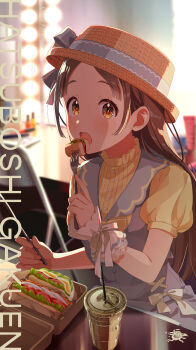 1girl album_cover brown_eyes brown_hair buttons chair cover cup drinking_straw english_text food forehead fork gakuen_idolmaster hat hibi_hakkenteki_step!_(idolmaster) idolmaster kuramoto_china mirror official_art open_mouth puffy_sleeves solo