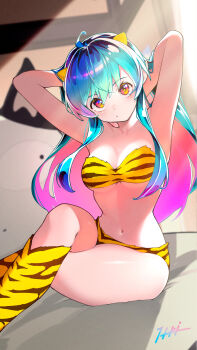 1girl :/ absurdres ahoge animal_print aqua_hair armpits arms_behind_head bikini blue_hair blurry blurry_background blush boots breasts cat closed_mouth colored_inner_hair commentary cone_horns crossed_legs day feet_out_of_frame gradient_hair hair_between_eyes head_tilt highres horns indoors itou_kazuki kotatsu-neko large_breasts light_rays long_hair looking_at_viewer lum multicolored_hair navel oni pink_eyes pink_hair pointy_ears print_bikini print_boots purple_hair signature sitting solo strapless strapless_bikini sunbeam sunlight swimsuit tiger_print urusei_yatsura very_long_hair yellow_bikini yellow_boots yellow_horns