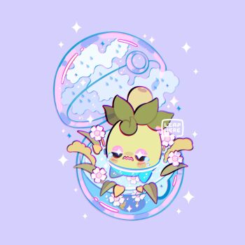 +_+ afloat artist_name blush_stickers capsule commentary crying gashapon highres leaphere nintendo no_humans pokemon pokemon_(creature) purple_background smoliv solo sparkle tears water watermark wavy_mouth