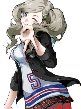 1girl 4me3ba_niku black_jacket black_skirt blonde_hair blue_eyes blush breasts closed_mouth cowboy_shot gyaru_v hair_ornament hairclip highres hood hoodie jacket large_breasts long_hair looking_at_viewer one_eye_closed open_clothes open_jacket pantyhose persona persona_5 plaid_clothes plaid_skirt red_pantyhose school_uniform shuujin_academy_school_uniform simple_background skirt sleeve_cuffs smile solo takamaki_anne twintails v white_background white_hoodie