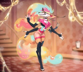 1girl beelzebub_(helluva_boss) crop_top demon_girl extra_arms floating_hair fox_girl full_body furry furry_female hellaverse helluva_boss honey ishimaurell looking_at_viewer multicolored_hair multicolored_tail outstretched_arms pink_shorts shorts solo tail