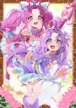 Rule 34 | 2girls, absurdres, ahoge, akechi anna, blue eyes, blunt bangs, blush, bow, braid, brooch, capelet, commentary request, cure answer, cure mystique, double bun, dress, earrings, fingerless gloves, glove bow, gloves, hair bow, hair bun, hair intakes, hair ornament, heart, heart brooch, heart hair ornament, heart in eye, highres, housei fenoru, jewelry, kobayashi mikuru, layered dress, long hair, looking at another, magical girl, meitantei precure!, multiple girls, open mouth, parted bangs, pink bow, pink capelet, pink dress, precure, purple bow, purple capelet, purple dress, purple eyes, purple hair, rainbow, red bow, sidelocks, skirt, smile, symbol in eye, teeth, twin braids, upper teeth only, very long hair, white gloves