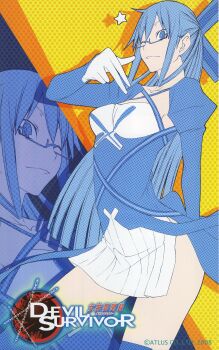 1girl absurdres arched_back copyright_name devil_survivor_(series) devil_survivor_1 dress glasses hair_ornament highres hip_focus komaki_midori long_hair official_art one_eye_closed photoshop_(medium) ribbon scan smirk solo star_(symbol) thighhighs thighs third-party_source yasuda_suzuhito zoom_layer