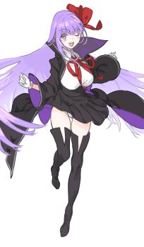 1girl ;d absurdres bb_(fate) bb_(fate/extra) black_boots black_coat black_skirt boots bow breasts coat collared_leotard commentary_request fate/grand_order fate_(series) floating_clothes floating_hair full_body gloves haimura_kiyotaka hair_bow highleg highleg_leotard highres large_bow large_breasts leg_up leotard long_hair long_sleeves looking_at_viewer miniskirt mystical_high_collar neck_ribbon one_eye_closed open_clothes open_coat open_mouth peter_pan_collar pleated_skirt purple_eyes purple_hair red_bow red_ribbon ribbon simple_background skirt smile solo standing standing_on_one_leg thigh_boots two-sided_coat two-sided_fabric upturned_eyes very_long_hair white_background white_gloves white_leotard wide_sleeves