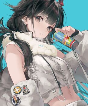 1girl absurdres alternate_costume aqua_background arknights arknights:_endfield black_hair can chen_qianyu_(arknights) commentary dragon_girl dragon_horn dragon_horns grey_eyes hashtag-only_commentary highres holding holding_can horns jiusan_naitang long_hair long_sleeves looking_at_viewer navel open_mouth solo stomach upper_body