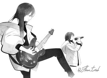 Rule 34 | 2girls, aoki hina, bang dream!, bang dream! it's mygo!!!!!, commentary request, greyscale, guitar, highres, holding, holding microphone, instrument, jacket, jhon trick, kaname raana, long hair, microphone, monochrome, multiple girls, music, pants, playing guitar, playing instrument, shirt, simple background, sleeveless, sleeveless shirt, takamatsu tomori, voice actor, white background, youmiya hina