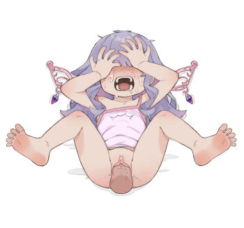 1boy 1girl barefoot blush crying deep_penetration disembodied_penis feet flat_chest full_body hetero highres hololive hololive_english koseki_bijou koseki_bijou_(1st_costume) large_penis loli lying on_back open_mouth pain penis purple_hair sex shirt soles solo_focus spread_legs stomach_bulge t-shirt teeth toes vaginal virtual_youtuber wings yokappa_(jokappa)