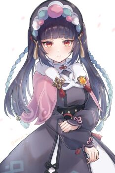 1girl ame33_2 black_hair blunt_bangs blush bonnet capelet chinese_clothes dress genshin_impact hair_ornament hat highres long_hair long_sleeves looking_at_viewer makeup purple_hair red_eyes simple_background tassel vision_(genshin_impact) white_background yun_jin_(genshin_impact)