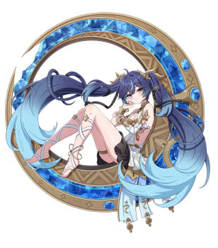 1girl ahoge armlet bare_shoulders black_skirt blue_eyes breasts bridal_gauntlets cleavage closed_mouth commentary emden_(azur_lane) from_side full_body gold_bra gradient_hair hair_belt highres iuno_(wuthering_waves) jewelry knees_up laurel_crown leg_wrap light_blush long_hair looking_at_viewer looking_to_the_side multicolored_hair simple_background single_bridal_gauntlet skirt smile solo streaked_hair synn032 tacet_mark_(wuthering_waves) thighlet thighs twintails vambraces very_long_hair white_background white_bridal_gauntlets wuthering_waves