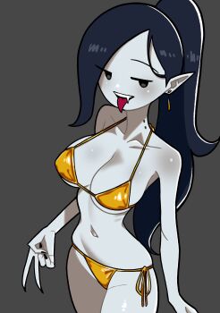 1girl absurdres bikini black_eyes black_hair blue_skin breasts collarbone colored_skin cowboy_shot earrings fang gold_bikini grey_background grey_skin highres jewelry large_breasts long_hair looking_at_viewer marceline_abadeer n_k_m non-web_source pointy_ears ponytail raised_eyebrow smile solo swimsuit tongue tongue_out v vampire