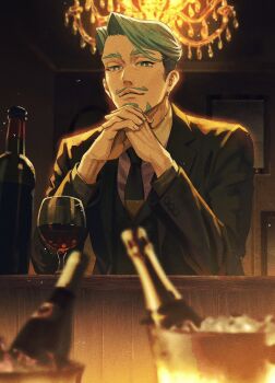 1boy absurdres beard bottle challia_bull chandelier cup drinking_glass facial_hair green_eyes green_hair gundam gundam_gquuuuuux hayakuinnitte highres indoors jacket long_sleeves looking_at_viewer male_focus mustache necktie shirt short_hair smile solo wine_bottle wine_glass