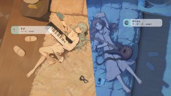 2girls absurdres arm_up bang_dream! bang_dream!_it's_mygo!!!!! barefoot bass_guitar blue_hair brown_hair cosmetics grey_eyes guitar guitar_strap highres holding holding_bass_guitar holding_instrument holding_phone instrument keyboard_(instrument) long_hair lying mask multiple_girls nagasaki_soyo one_eye_closed phone remisaku sleepwear speech_bubble split_screen split_theme togawa_sakiko yellow_eyes