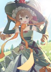 Rule 34 | 1girl, absurdres, blue sky, brown hair, commentary, day, dress, drill hair, elbow gloves, feet out of frame, flower, gloves, green dress, green eyes, green gloves, green hat, hands up, hat, hat flower, highres, irinomiyu, large hat, long hair, looking at viewer, open mouth, outdoors, reverse:1999, sky, smile, solo, sotheby, tree, twin drills, witch hat