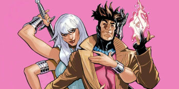 1boy 1girl breasts capcom card coat gambit gloves grin hug hug_from_behind long_hair looking_at_another looking_at_viewer marvel marvel_vs._capcom marvel_vs._capcom_2 playing_card red_eyes red_hair smile smug spiral_(marvel) sword upper_body weapon white_hair x-men