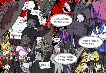 3boys 5girls 6+others angelica_(project_moon) black_coat black_dress black_fur black_gloves black_sclera blonde_hair breasts brown_hair coat colored_sclera distortion_(project_moon) dress eileen_(project_moon) elena_(project_moon) extra_eyes eyeball force_(4sk_force) gin_(project_moon) gloves hand_up hands_up helmet jae-heon korean_text library_of_ruina long_hair mask medium_breasts multiple_boys multiple_girls multiple_others ponytail project_moon puffy_short_sleeves puffy_sleeves puppet_(library_of_ruina) puppet_strings red_eyes ribbed_coat sayo_(project_moon) school_uniform serafuku short_sleeves speech_bubble spoilers tanya_(project_moon) translation_request veil very_long_hair white_hair wolf_girl yang_(library_of_ruina) yellow_dress