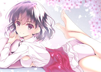 1girl absurdres ass barefoot black_hair black_ribbon blurry blush bra breasts brown_eyes cherry_blossoms closed_mouth clothes_lift collared_shirt commentary_request depth_of_field falling_petals feet floating_hair from_side grey_background hair_between_eyes highres hugging_object interlocked_fingers katou_megumi knees_out_of_frame long_sleeves looking_at_viewer lying medium_breasts medium_hair neck_ribbon on_stomach own_hands_together panties petals pillow pillow_hug red_skirt ribbon saenai_heroine_no_sodatekata shirt simple_background skirt skirt_lift smile soles solo split_mouth sukonbu385 the_pose toes underwear white_bra white_panties white_shirt