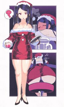 1girl ? ass bar_(place) bare_shoulders bartender beer_mug breasts christmas cocktail cocktail_glass cocktail_shaker commentary cup dress drinking_glass drunk high_heels highres holding holding_shaker inkerton-kun jill_stingray long_hair looking_at_viewer medium_breasts mug open_mouth purple_hair red_eyes santa_costume santa_dress smoking stiletto_heels stool twintails va-11_hall-a