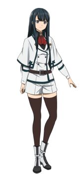 1girl anime_coloring ascot belt black_eyes black_hair boots breasts brown_belt capelet chiyu_mahou_no_machigatta_tsukaikata full_body inukami_suzune jacket long_hair long_sideburns long_sleeves looking_at_viewer official_art red_ascot shorts sideburns sidelocks simple_background smile solo standing tanabe_kenji tareme thighhighs thighs transparent_background white_boots white_capelet white_jacket white_shorts