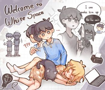 4boys ? ?? absurdres alternate_costume antenna_hair arms_behind_back basil_(faraway)_(omori) basil_(omori) black_eyes black_hair black_shirt black_shoes black_shorts black_skin black_socks black_sweater_vest black_tank_top blonde_hair bright_pupils cat closed_mouth colored_skin commentary computer double-parted_bangs dual_persona english_text hair_between_eyes highres kneehighs laptop looking_at_another mewo multiple_boys omori omori_(omori) open_mouth parted_lips shirt shoes short_hair short_sleeves shorts shrugging sidelocks sleeping socks speech_bubble standing stranger_(omori) striped_clothes striped_shorts sunny_(omori) sweater_vest symbol-only_commentary tank_top thatbirdcanfly tissue tissue_box twitter_username two-tone_shorts vertical-striped_clothes vertical-striped_shorts watermark white_eyes white_pupils white_shorts white_skin white_socks