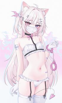 1girl absurdres ahoge animal_ear_fluff animal_ears bandaid bandaid_on_arm bandaid_on_shoulder bandaid_on_stomach bandeau bite_mark bite_mark_on_shoulder bite_mark_on_thigh black_choker bow bow_panties cat_ears choker commentary covered_mouth cowboy_shot cross_hair_ornament cuffs demon_tail flat_chest frilled_panties frills fuzzy_handcuffs garter_straps gauze gauze_on_arm gloves hair_ornament hairclip hand_up handcuffs heterochromia highres legs_together long_hair looking_at_viewer mask mole mole_under_eye mouth_mask navel navel_piercing original panties piercing pink_bow pink_eyes pink_hair purple_eyes solo standing star_(symbol) star_hair_ornament stomach stomach_day symbol-only_commentary tail thighhighs two_side_up underwear very_long_hair white_bandeau white_gloves white_mask white_panties white_thighhighs wing_hair_ornament zxcsque