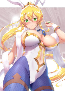 >:) 1girl absurdres animal_ears areola_slip artoria_pendragon_(fate) artoria_pendragon_(swimsuit_ruler)_(fate) artoria_pendragon_(swimsuit_ruler)_(fate)_(cosplay) artoria_pendragon_(swimsuit_ruler)_(first_ascension)_(fate) blonde_hair blue_pantyhose blush braid breasts center_opening cleavage closed_mouth commentary_request cosplay cowboy_shot elf fairy fake_animal_ears fate/grand_order fate_(series) from_below gluteal_fold green_eyes green_nails hand_up high_ponytail highleg highleg_leotard highres kawase_seiki large_breasts leafa_(sao) leotard long_ears long_hair look-alike looking_at_viewer looking_down nail_polish pantyhose playboy_bunny pointy_ears ponytail rabbit_ears revision shawl sidelocks smile solo strapless strapless_leotard sword_art_online thigh_strap twin_braids v-shaped_eyebrows very_long_hair white_leotard wrist_cuffs