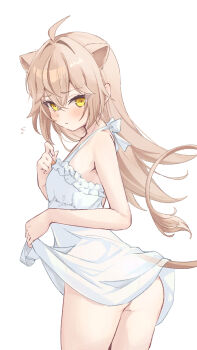 Rule 34 | 1girl, animal ears, ass, bare shoulders, breasts, cat girl, commentary request, dress, extra ears, flying sweatdrops, frown, highres, indie virtual youtuber, lifting own clothes, lion ears, lion girl, lion tail, long hair, looking at viewer, omo omochi zzz, rurudo lion, see-through clothes, see-through dress, short dress, simple background, sleeveless, sleeveless dress, small breasts, sundress, tail, virtual youtuber, white background, white dress, yellow eyes