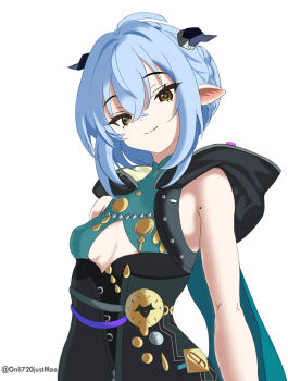 Rule 34 | 1girl, animal ears, black unitard, blue hair, breasts, cleavage cutout, clothing cutout, commentary request, goat ears, goat girl, goat horns, hair between eyes, highres, hood, horns, looking at viewer, lucia elowen, mole, mole on arm, onli720, pointy ears, short hair, simple background, small breasts, smile, solo, twitter username, upper body, white background, yellow eyes, zenless zone zero
