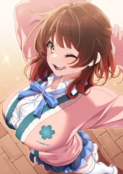 1girl arms_up black_overskirt blue_ribbon blue_skirt blush breasts brick_floor brown_eyes brown_hair button_gap cardigan commentary_request foreshortening from_above gakuen_idolmaster hanami_ume hatsuboshi_gakuen_school_uniform highres idolmaster large_breasts looking_at_viewer nebusoku neck_ribbon one_eye_closed open_mouth pink_cardigan pleated_skirt ribbon school_uniform shirt short_hair skirt smile solo standing thighhighs white_shirt white_thighhighs