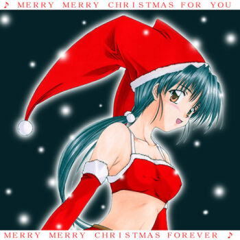 1girl black_hair bra breasts brown_eyes christmas collarbone covered_erect_nipples dutch_angle eighth_note english_text fur-trimmed_bra fur-trimmed_gloves fur-trimmed_headwear fur_trim gloves hair_ornament hat jester_cap long_hair looking_at_viewer low_ponytail lowres merry_christmas midriff musical_note open_mouth original pom_pom_(clothes) pom_pom_hair_ornament ponytail red_bra red_gloves red_hat small_breasts smile snowing solo underwear upper_body yuuki_hina_(yuuki_shino) yuuki_shino