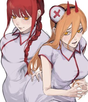 Rule 34 | 2girls, blonde hair, braid, breasts, chainsaw man, closed mouth, collared dress, cross-shaped pupils, demon girl, demon horns, dress, from above, furrowed brow, hair between eyes, hair over shoulder, hand on another's waist, hat, highres, horns, kohaa ku, light blush, long hair, makima (chainsaw man), medium breasts, multiple girls, nurse, nurse cap, own hands together, parted lips, power (chainsaw man), red hair, red horns, ringed eyes, sidelocks, single braid, sweatdrop, symbol-shaped pupils, twitter username, upper body, white background, white dress, yellow eyes