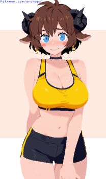 1girl animal_ears anya_(archapxl) archapxl arm_at_side arm_behind_back artist_name bare_shoulders black_choker black_horns black_shorts blue_eyes blush blush_stickers bob_cut breasts brown_hair choker cleavage collarbone cowboy_shot curled_horns dolphin_shorts droopy_ears earrings eyelashes gold_earrings gym_shorts hair_between_eyes hand_on_own_thigh highres horns jewelry large_breasts letterboxed looking_at_viewer messy_hair midriff navel nose_blush original outside_border paid_reward_available patreon_username pendant_earring pixel_art raised_eyebrows ringed_eyes sheep_ears sheep_girl sheep_horns short_hair short_shorts shorts smile solo sports_bra thigh_gap yellow_sports_bra