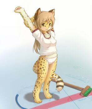 Rule 34 | 1girl, animal ears, animal hands, arms up, barefoot, cleaning, female focus, full body, furry, furry female, gym uniform, hose, kagerofu, leopard ears, leopard tail, long hair, panties, smile, solo, stretching, tail, underwear, water, whiskers