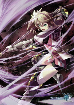 Rule 34 | 1girl, absurdres, alisha diphda, armor, armored boots, artist request, blonde hair, boots, crest, debris, drill hair, family crest, fighting stance, foot out of frame, from side, game cg, gauntlets, greaves, green eyes, hair between eyes, highres, holding, holding polearm, holding weapon, looking at viewer, medium hair, official art, open mouth, polearm, side drill, side ponytail, solo, tales of (series), tales of zestiria, thighs, third-party source, weapon