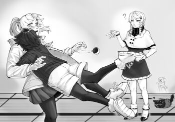 Rule 34 | 3girls, ?, anger vein, animal, blush, capelet, cat, character request, commentary, dress, drill hair, frills, gmeg011, grey background, heart, high heels, highres, holding, hug, jacket, jewelry, kirahoshi aika, koishikawa iko, long hair, momijiyama teru, multiple girls, necklace, open clothes, open jacket, pantyhose, pleated skirt, ponytail, shoes, short hair, shorts, shy (series), skirt, sweater, symbol-only commentary, teeth, twin drills, upper teeth only