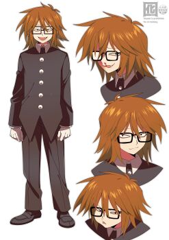 1boy absurdres black_coat black_eyes blood coat commentary_request fang glasses gloves highres male_focus multiple_views nosebleed orange_hair otori_0 randal&#039;s_friends randal_ivory short_hair simple_background standing white_background white_gloves