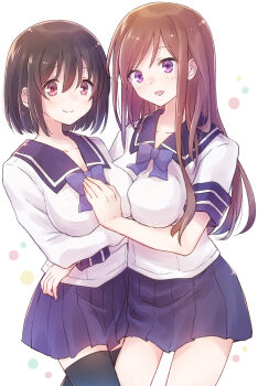 2girls absurdres arms_under_breasts black_hair black_thighhighs blue_bow blue_bowtie blue_sailor_collar blue_skirt bow bowtie breast_press breasts brown_hair closed_mouth cowboy_shot hair_between_eyes hand_on_another&#039;s_chest highres kotone_shirakawa large_breasts long_hair long_sleeves multiple_girls nyaa_(nnekoron) open_mouth overflow_(anime) pleated_skirt purple_eyes red_eyes sailor_collar school_uniform serafuku shirakawa_ayane short_hair short_sleeves siblings sisters skirt smile standing thighhighs white_background