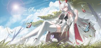 1girl absurdres ankle_boots blue_butterfly blue_sky boots bug butterfly chinese_commentary closed_mouth cloud cloudy_sky commentary_request commission crossed_legs double-parted_bangs flower full_body grass hair_between_eyes highres holding holding_own_hair horns insect lens_flare long_hair looking_at_viewer multicolored_hair nail_polish original outdoors red_butterfly red_eyes red_hair red_horns red_nails red_streaks sample_watermark shale sitting sky sleeveless solo sun tail thighhighs tree two-tone_hair watermark white_boots white_flower white_hair white_thighhighs