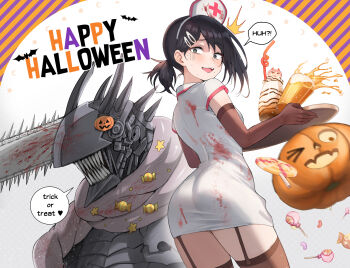 1girl ass beruko14 black_hair black_thighhighs blood blood_on_clothes candy chainsaw_devil chainsaw_man dress elbow_gloves food garter_straps gloves hair_ornament halloween halloween_costume higashiyama_kobeni highres looking_at_viewer looking_back mole mole_under_eye monster nurse pochita_(chainsaw_man) ponytail power_(chainsaw_man) pumpkin short_dress short_sleeves spilling surprised tears thighhighs