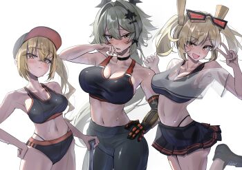 3girls absurdres alternate_costume baseball_bat baseball_cap black_bra black_buruma black_choker black_pants black_skirt blonde_hair blush bra breasts burnice_white buruma caesar_king_(zenless_zone_zero) choker cleavage commentary_request cowboy_shot eyewear_on_head green_hair gym_uniform hair_between_eyes hair_ornament hat highres holding holding_baseball_bat large_breasts long_hair looking_at_viewer luciana_de_montefio multiple_girls navel orange_eyes panties panties_under_buruma pants prosthesis prosthetic_arm see-through_clothes see-through_shirt shirt side_ponytail simple_background skirt sports_bra standing standing_on_one_leg stomach sweat tora_(kumo_sakamoto) twintails underwear v white_background x_hair_ornament zenless_zone_zero