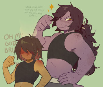 1girl 1other blush cherriinie chest_binder commentary deltarune english_commentary flexing gender_transitioning hand_on_own_hip highres kris_(deltarune) low_ponytail other_with_female ponytail spiked_hair_ornament susie_(deltarune) utdr_(toby_fox)