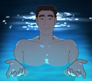 1boy backlighting black_hair chainsaw_man closed_mouth collarbone commentary_request cool_colored crayon_shin-chan derivative_work forehead hands_up highres light_smile male_focus mature_male movie_reference night nohara_hiroshi nose nude parody partially_submerged scene_reference solid_circle_eyes solo thick_eyebrows xesii